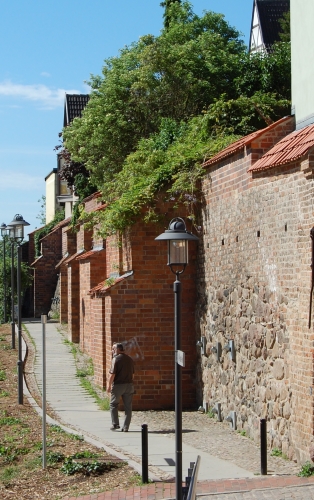 Die sanierte Stadtmauer unterhalb der Petri- und Nikolaikirche.